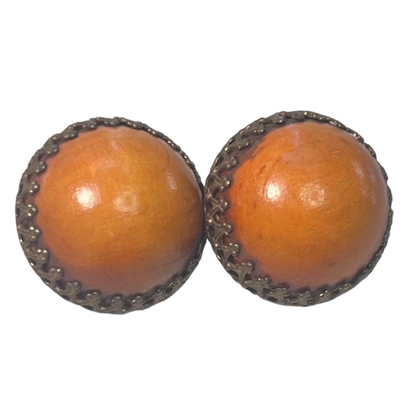 Vintage Jewelry - Vintage 60s Clip On Wood Cabochon Earrings Retro Unique